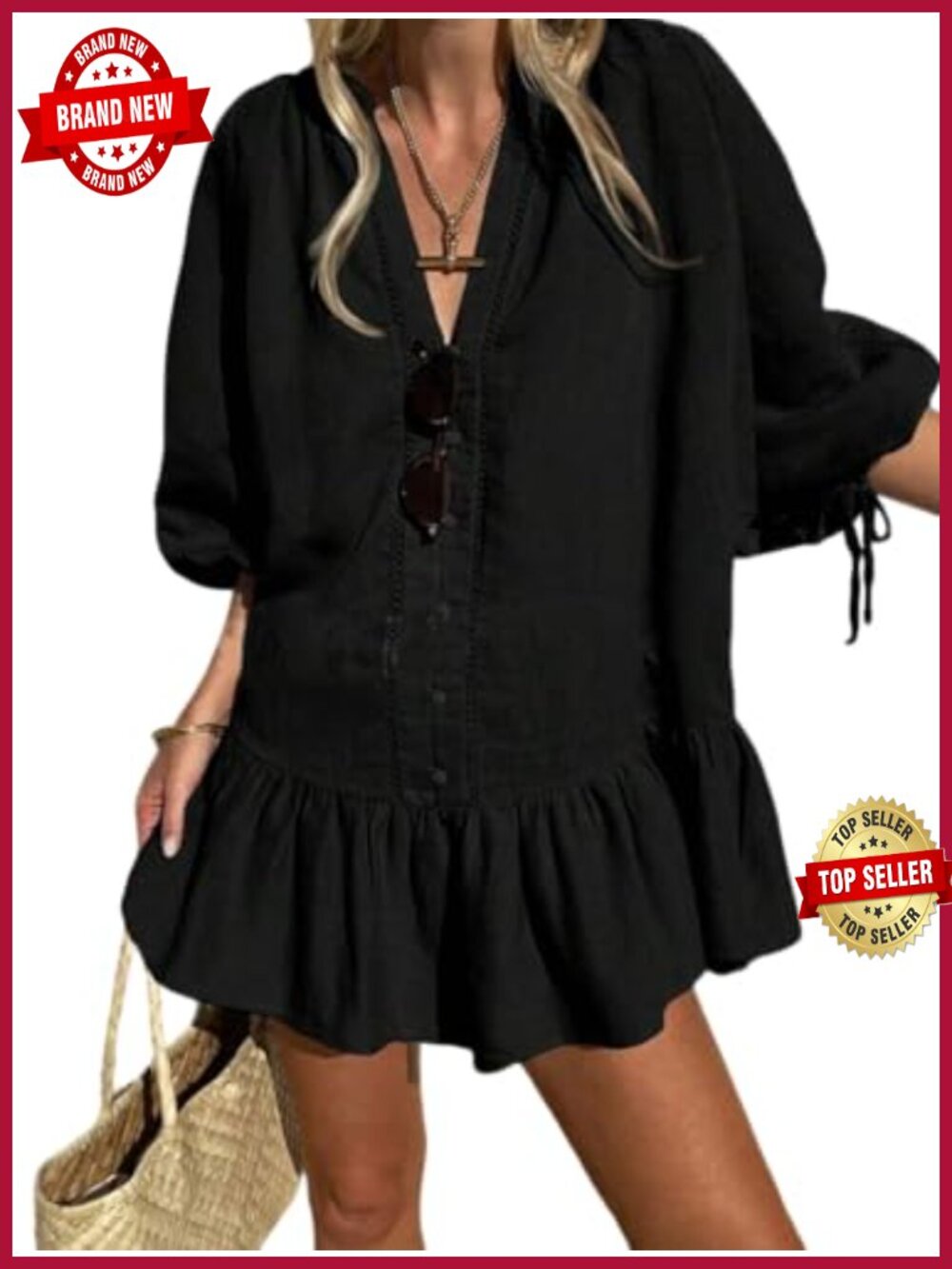 Lace Ruffle Mini Dress Bow 3/4 Sleeve Peplum Babydoll Summer Beach Coverup